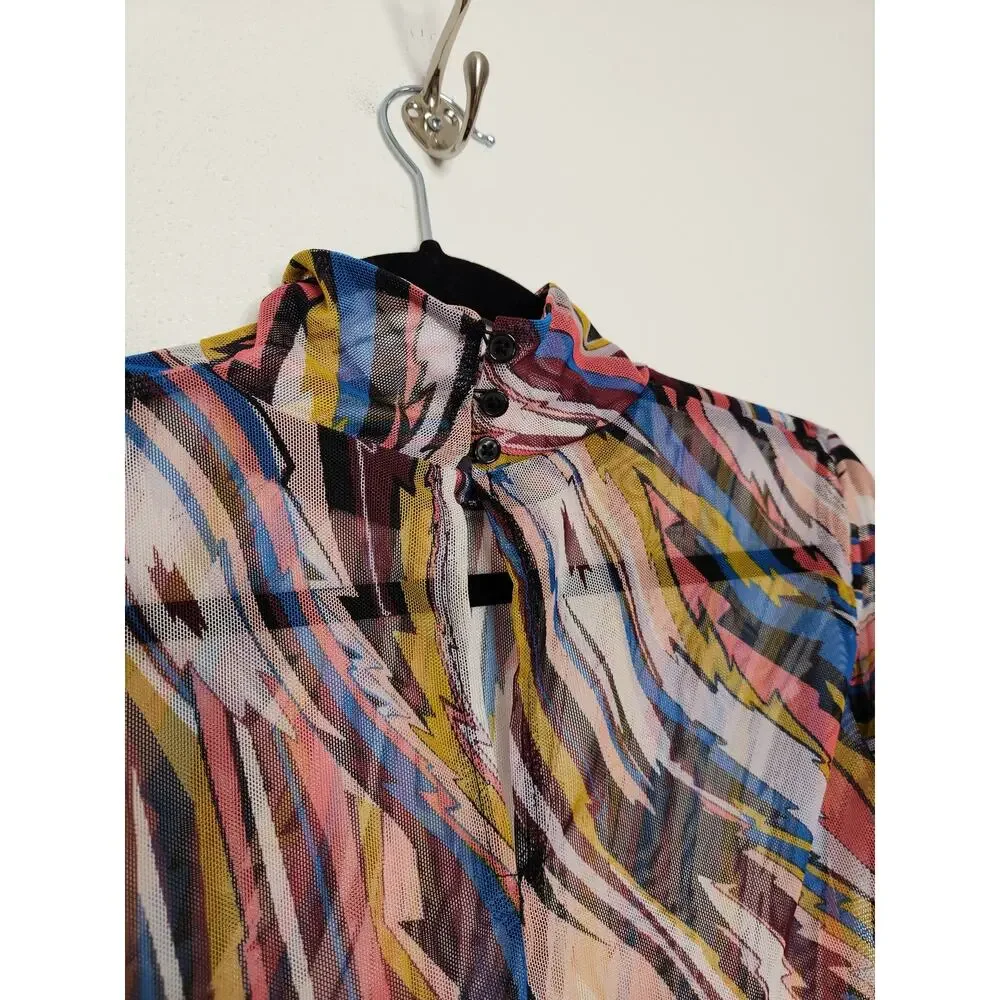 y2k Micromesh NY&Company Abstract Geometric All Over Stripes Long Sleeve Euro